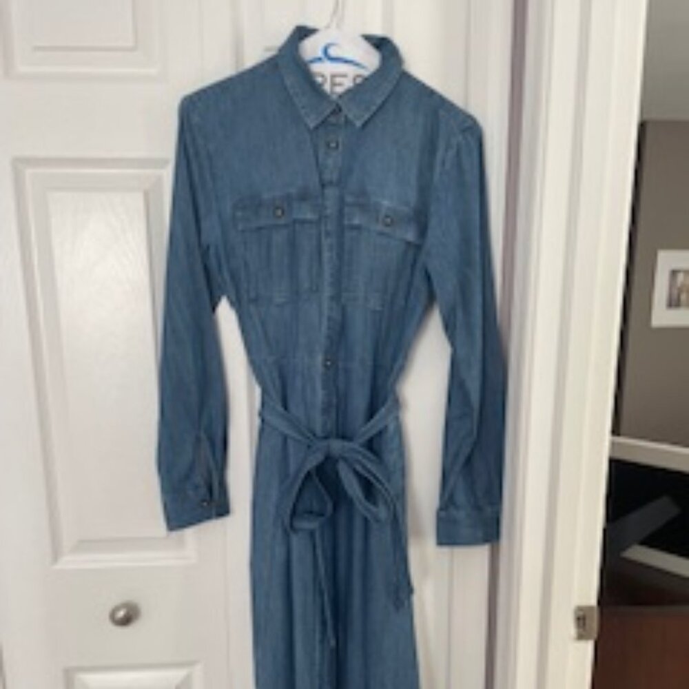 Loft Chambray Belted Midi Pocket Shirtdress